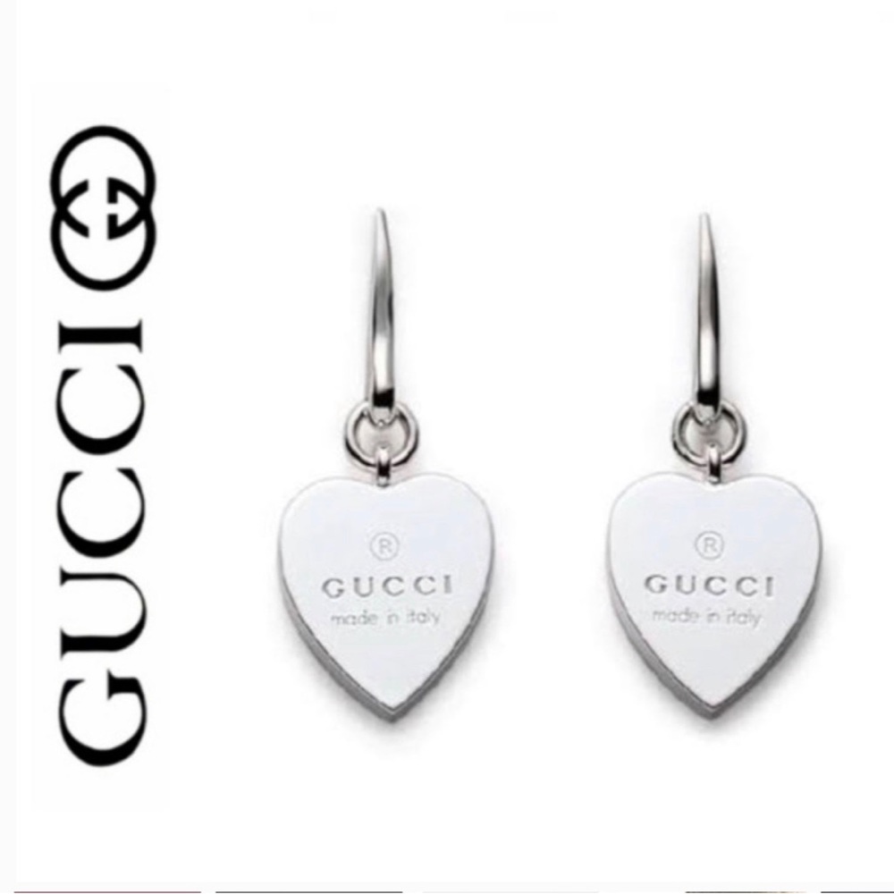 ***SOLD***Authentic Gucci Trademark Logo SS.925 Heart Charm Dangle Earrings New - Picture 1 of 11